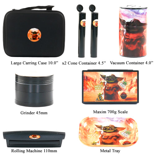 Travel Kit Case, Metal Tray, Grinder, Rolling Machine, Scale, Vacuum Container, 2x Cone Containers (7765)