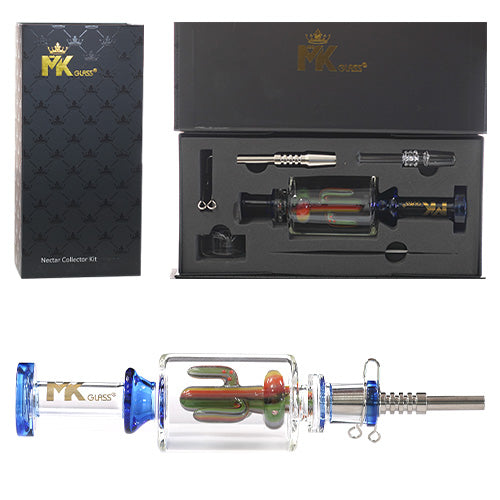 MK Glass Nectar Collector Cactus With Glass & Metal Tip 9.5" Blue