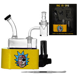 Unbranded Glass Rick & MortyRig In One-Dab Rig Kit - with Quartz Banget, Carb Cap, Torch, Dabbing Tool (6113) 6.5" Yellow