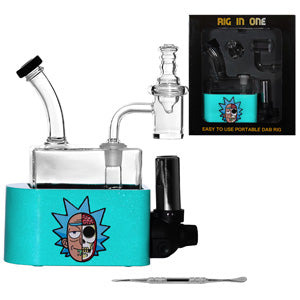Unbranded Glass Rick & MortyRig In One-Dab Rig Kit - with Quartz Banget, Carb Cap, Torch, Dabbing Tool (6113) 6.5" Blue