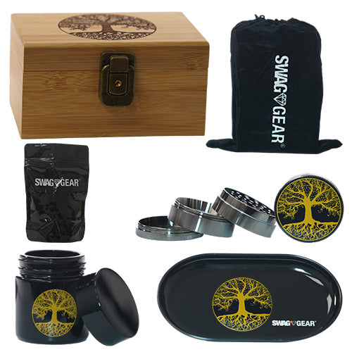 Unbranded Container & Jars Medium Bamboo Box With 55mm Grinder, Glass Jar, Metal Tray, Ziplock Bag Tree of Life