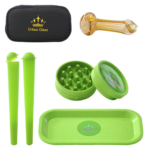 Urban Glass Container & Jars Grinder Set Case, Hemp Tray, Temp Grinder, H.P. 3.0", 2x Cone Containers Green