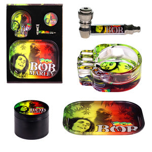 Unbranded Sets Tray Set Display With Metal Tray, Glass Ashtray Metal Pipe & 55 mm Grinder Bob Marley