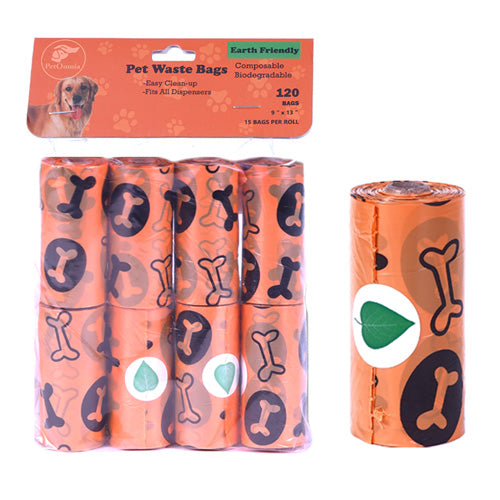 PetOmnia Dogs Pet Waste Bags 8 Rolls (9" x 13") 120 Bags / 15 per Roll Orange