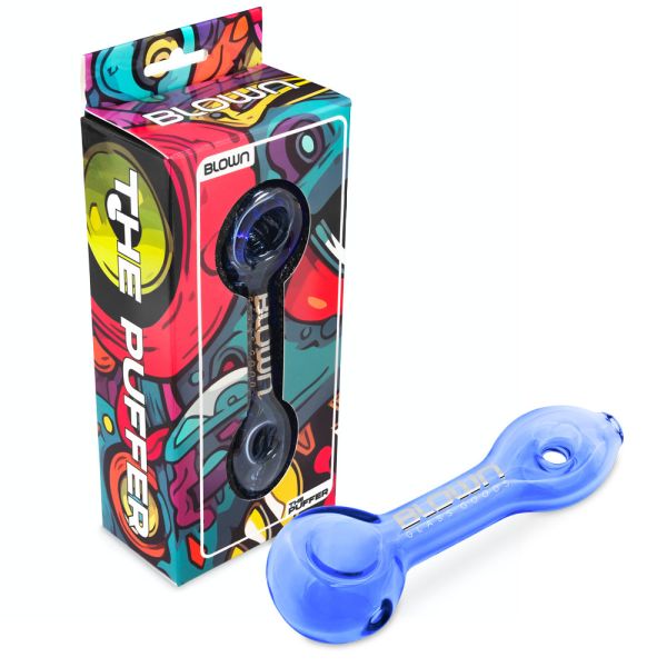 Blown Glass Handpipe 3.5" - The Puffer - w/Donut Hole in Blown Box Blue