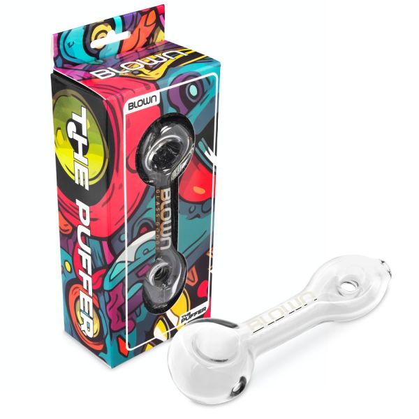 Blown Glass Handpipe 3.5" - The Puffer - w/Donut Hole in Blown Box Clear