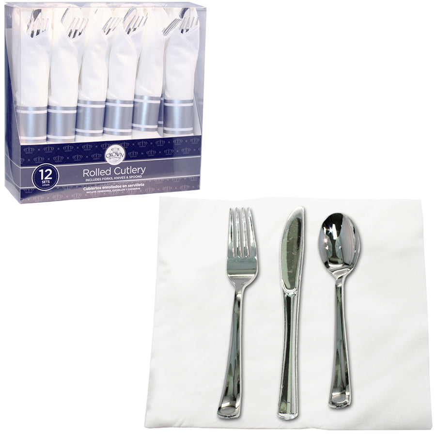 CROWN ROLLED CUTLRY 12 CT COMBO + NAPKIN HOLDER SILVER (FORKS, KNIVES & SPOONS)