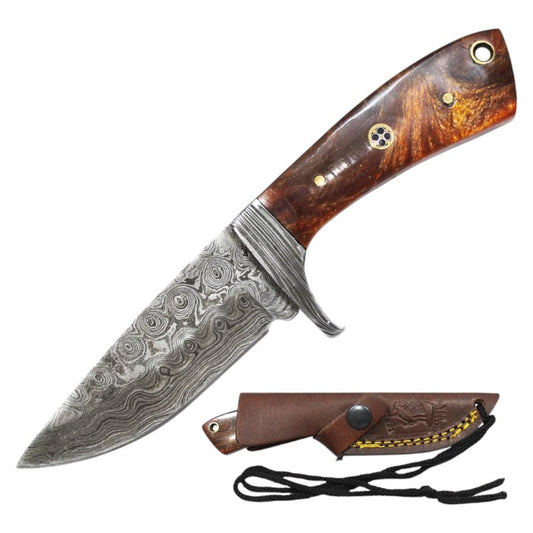6.25" Bone Collector Resin Wood Handle (EDC) Skinner knife Damascus Blade Leather Sheath w/Lanyard