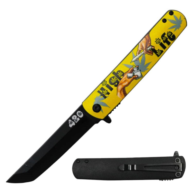 4.5" Cannabis Print Handle Asst.open Folding knife Tanto Blade and Belt Clip
