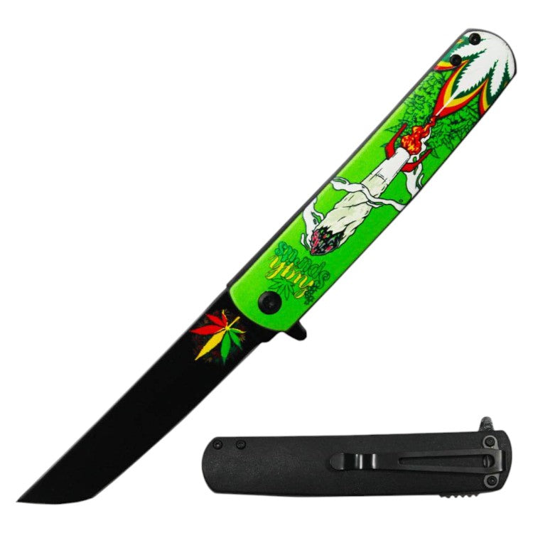 4.5" Cannabis Print Handle Asst.open Folding knife Tanto Blade and Belt Clip