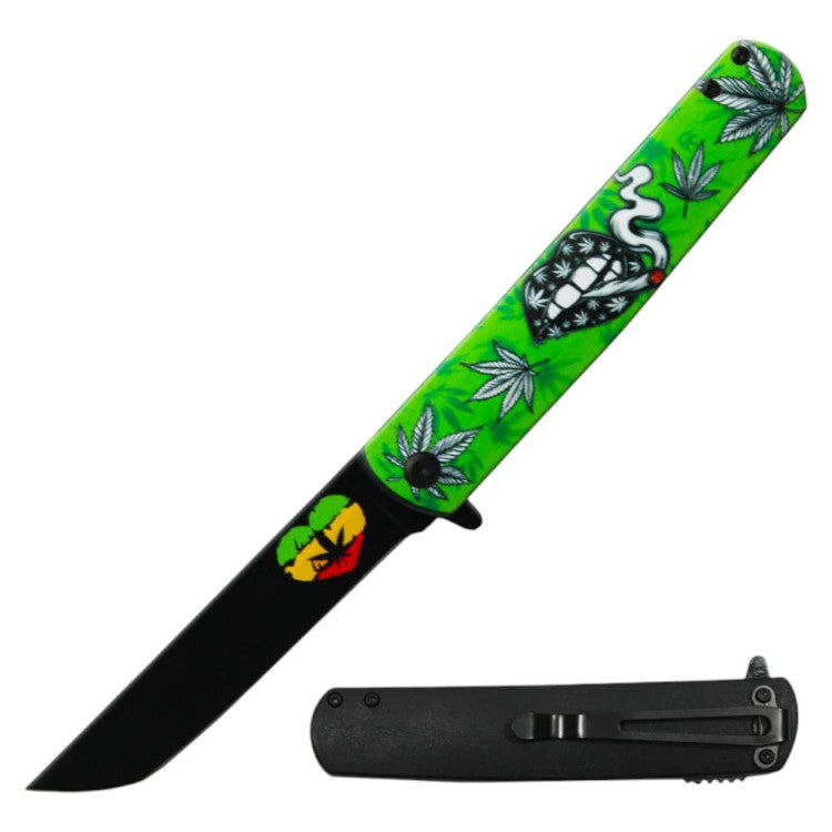 4.5" Cannabis Print Handle Asst.open Folding knife Tanto Blade and Belt Clip