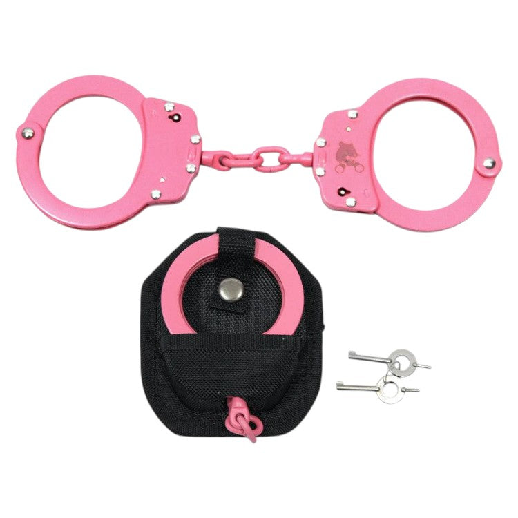 Double Lock Chained Handcuffs with Valcro Pouch (Pink)