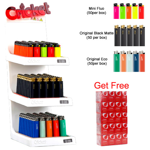Cricket Lighter Display Set 1 x Mini Fluo , 1 x Original Black Matte, 1 x Original Eco Free Box of Pocket Matches