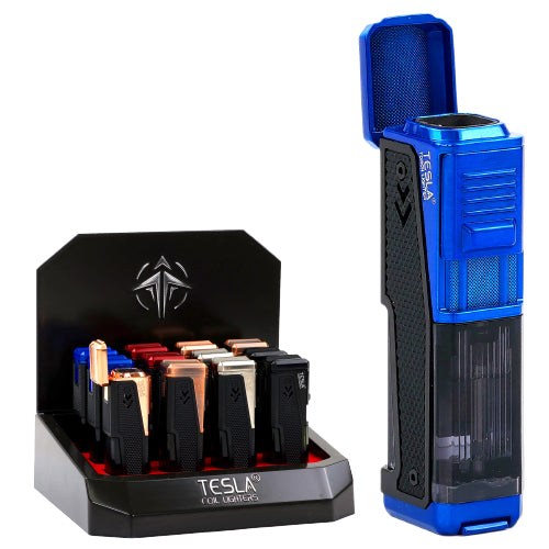 Tesla Lighter 4 Torch With See-Thru Butance And Cigar Punch Antiqued Finish 3.5"