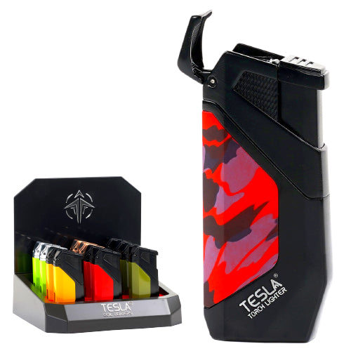 Tesla Lighter 2 Torch With See-Thru Butance And Cigar Punch Antiqued Finish 3.5"