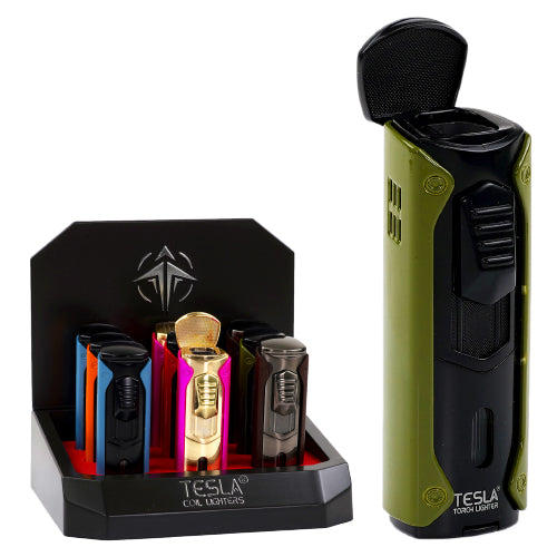 Tesla Lighter Jumbo 4 Torch Torch With Cigar Punch-Two Tone Matte And Antique 4.0"