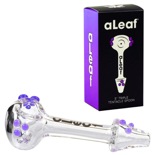 aLeaf Hand Pipe Triple Tentacle Spoon Clear & Purple (7154) Glass 5.5"