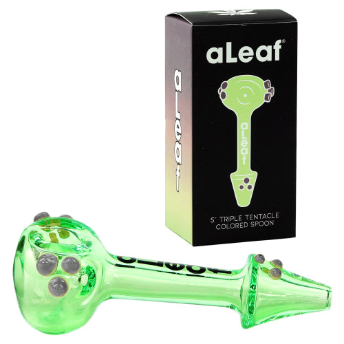 aLeaf Hand Pipe Triple Tentacle Spoon (7155) Glass 5.5" Green & Grey