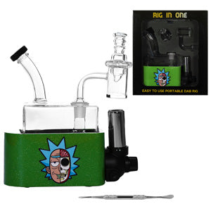 Unbranded Glass Rick & MortyRig In One-Dab Rig Kit - with Quartz Banget, Carb Cap, Torch, Dabbing Tool (6113) 6.5" Green