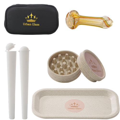 Urban Glass Container & Jars Grinder Set Case, Hemp Tray, Temp Grinder, H.P. 3.0", 2x Cone Containers 3.0" White