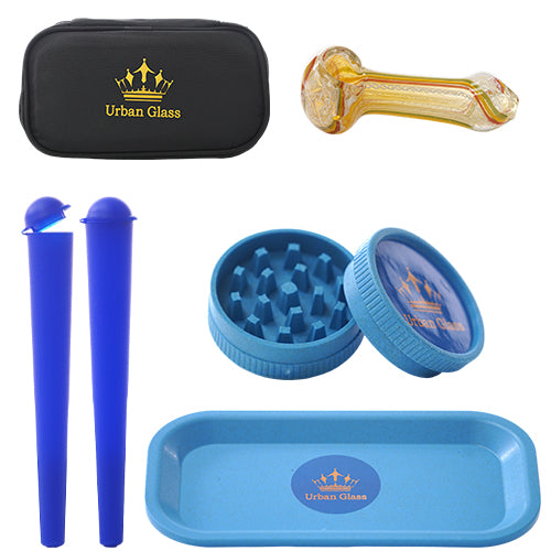 Urban Glass Container & Jars Grinder Set Case, Hemp Tray, Temp Grinder, H.P. 3.0", 2x Cone Containers Blue