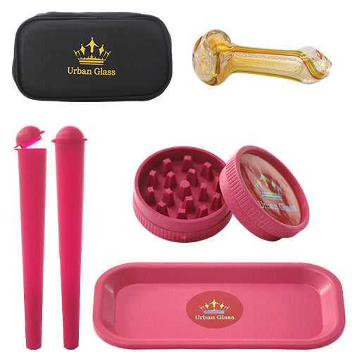 Urban Glass Container & Jars Grinder Set Case, Hemp Tray, Temp Grinder, H.P. 3.0", 2x Cone Containers Red