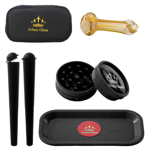 Urban Glass Container & Jars Grinder Set Case, Hemp Tray, Temp Grinder, H.P. 3.0", 2x Cone Containers Black