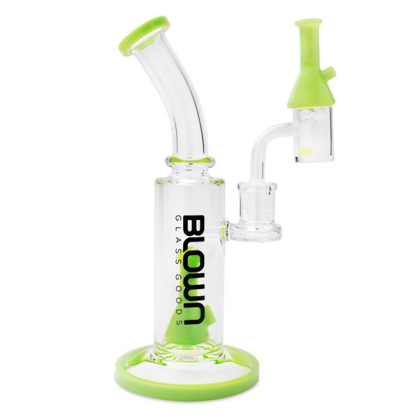 Blown Glass - Arise - 9" Rig w/Colored Perc and Mouth Piece in Blown Box Slime