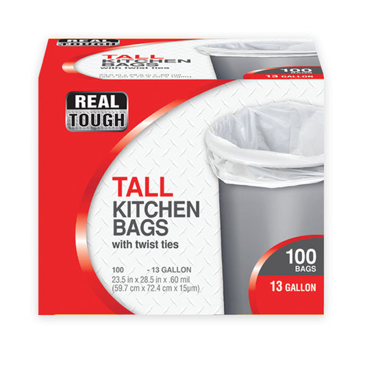 REAL TOUGH Kitchenware & Trash Bags TALL KITCHEN BAG 13 GL 100 CT TWIST TIE WHITE