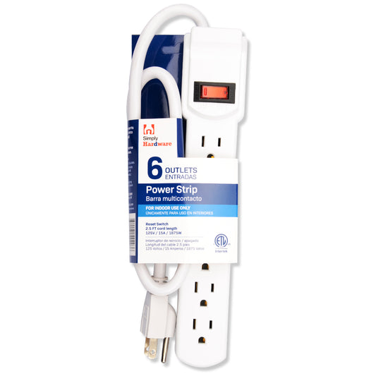SIMPLY Home Improvement HARDWARE POWER STRIP 2.5 FT / 125 V 6 OUTLET 15 A 1575 W WHITE