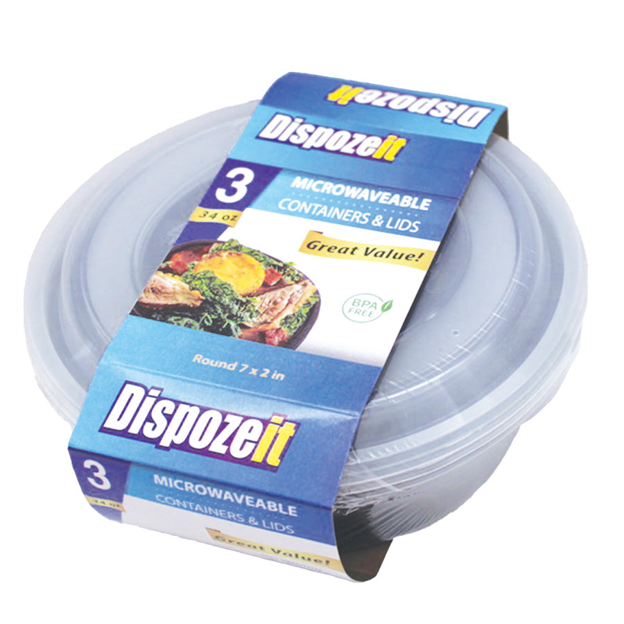 DISPOZEIT Food Storage FOOD CONTAINER 34 OZ 3 PK ROUND MICROWAVABLE CLEAR LID BLACK BOTTOM