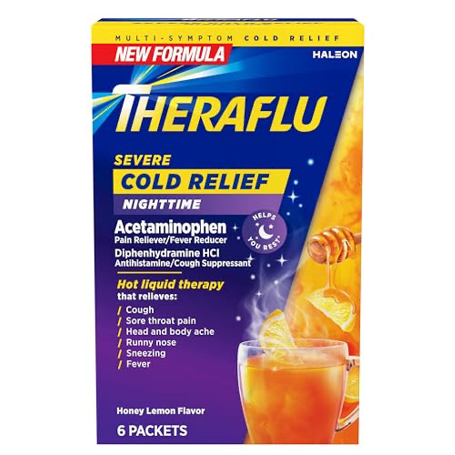 THERAFLU Over the Counter SEVERE COLD RELIEF POWDER 6 CT NIGHTTIME HONEY LEMON FLAVOR NON PE