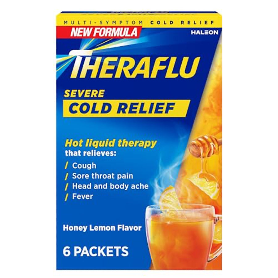 THERAFLU Over the Counter SEVERE COLD RELIEF POWDER 6 CT DAYTIME HONEY LEMON FLAVOR NON PE