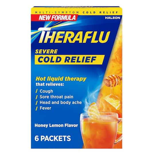 THERAFLU Over the Counter SEVERE COLD RELIEF POWDER 6 CT DAYTIME HONEY LEMON FLAVOR NON PE