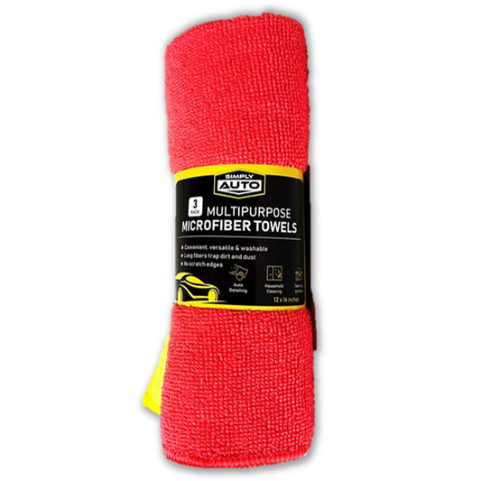 SIMPLY AUTO MULTIPURPOSE MICROFIBER TOWEL DISPLAY 3 PK ASSTD COLORS