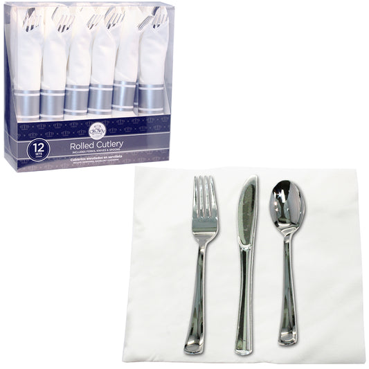 CROWN ROLLED CUTLRY 12 CT COMBO + NAPKIN HOLDER SILVER (FORKS, KNIVES & SPOONS)