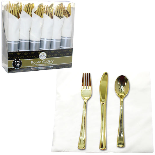 CROWN ROLLED CUTLRY 12 CT COMBO + NAPKIN HOLDER GOLD (FORKS, KNIVES & SPOONS)