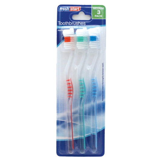 FRESH START TOOTHBRUSH 3 PK MEDIUM ASSORTED TRANSLUCENT COLORS