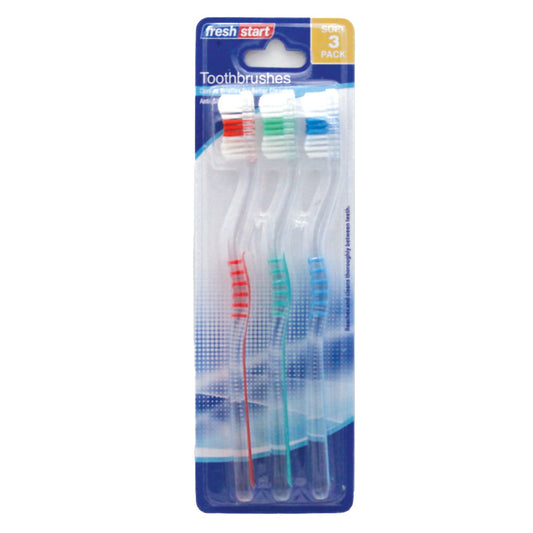 FRESH START TOOTHBRUSH 3 PK SOFT ASSORTED TRANSLUCENT COLORS