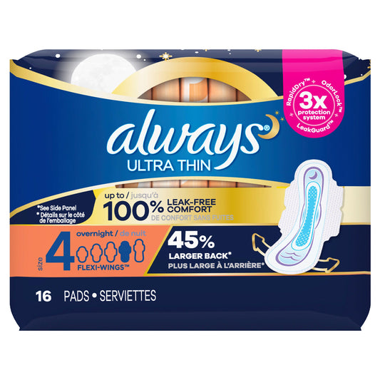 ALWAYS ULTRA THIN OVERNIGHT PADS 16 CT WITH FLEXI WINGS SIZE 4 UNSCENTED