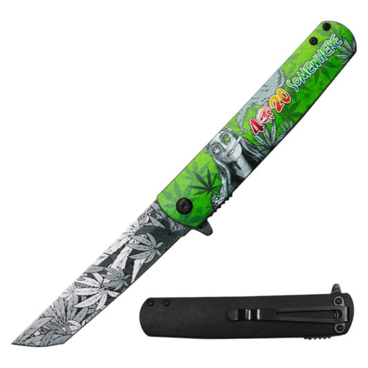 4.5" Cannabis Print Handle Asst.open Folding knife Tanto Blade and Belt Clip