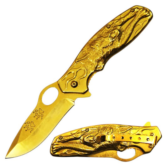 4.75" Heavy Duty Wolf Metal Handle Folding Knife with Belt Clip