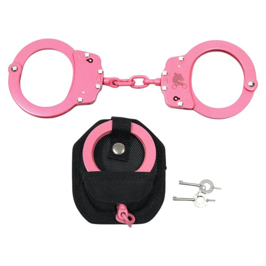 Double Lock Chained Handcuffs with Valcro Pouch (Pink)