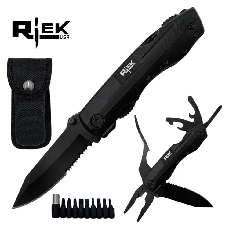 Metal Handle 4.5" Multi Tool Pocket Knife with Pliers Bottle Opener Screwdrivers & Velcro Sheath