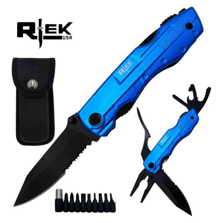 Metal Handle 4.5" Multi Tool Pocket Knife with Pliers Bottle Opener Screwdrivers & Velcro Sheath