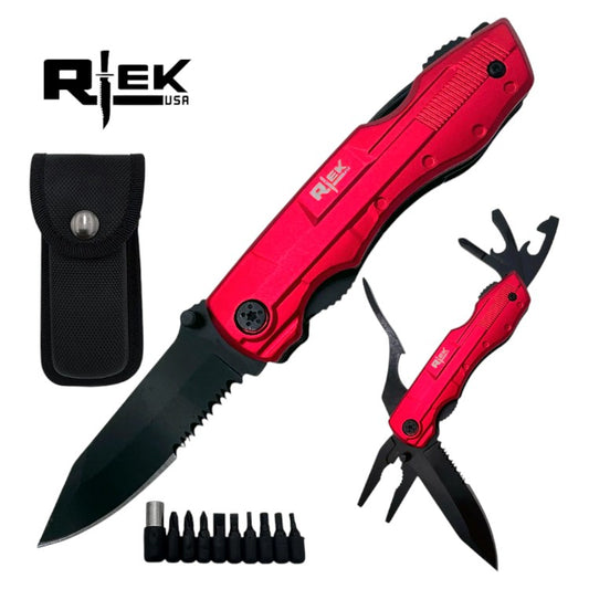 Metal Handle 4.5" Multi Tool Pocket Knife with Pliers Bottle Opener Screwdrivers & Velcro Sheath
